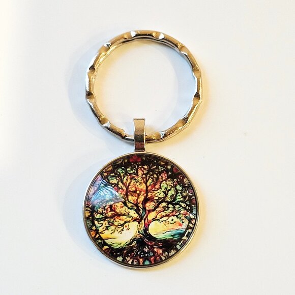 Colorful Tree of Life Keychain Vibrant Glass Dome Charm Symbolizing Growth Unity - Picture 1 of 4